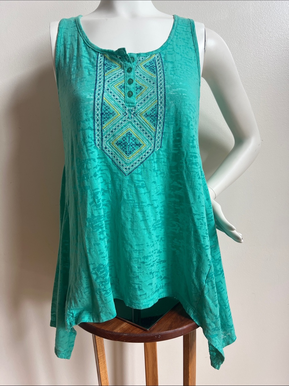 French Laundry asymmetrical Sleeveless Embroidered Tank in Teal Green